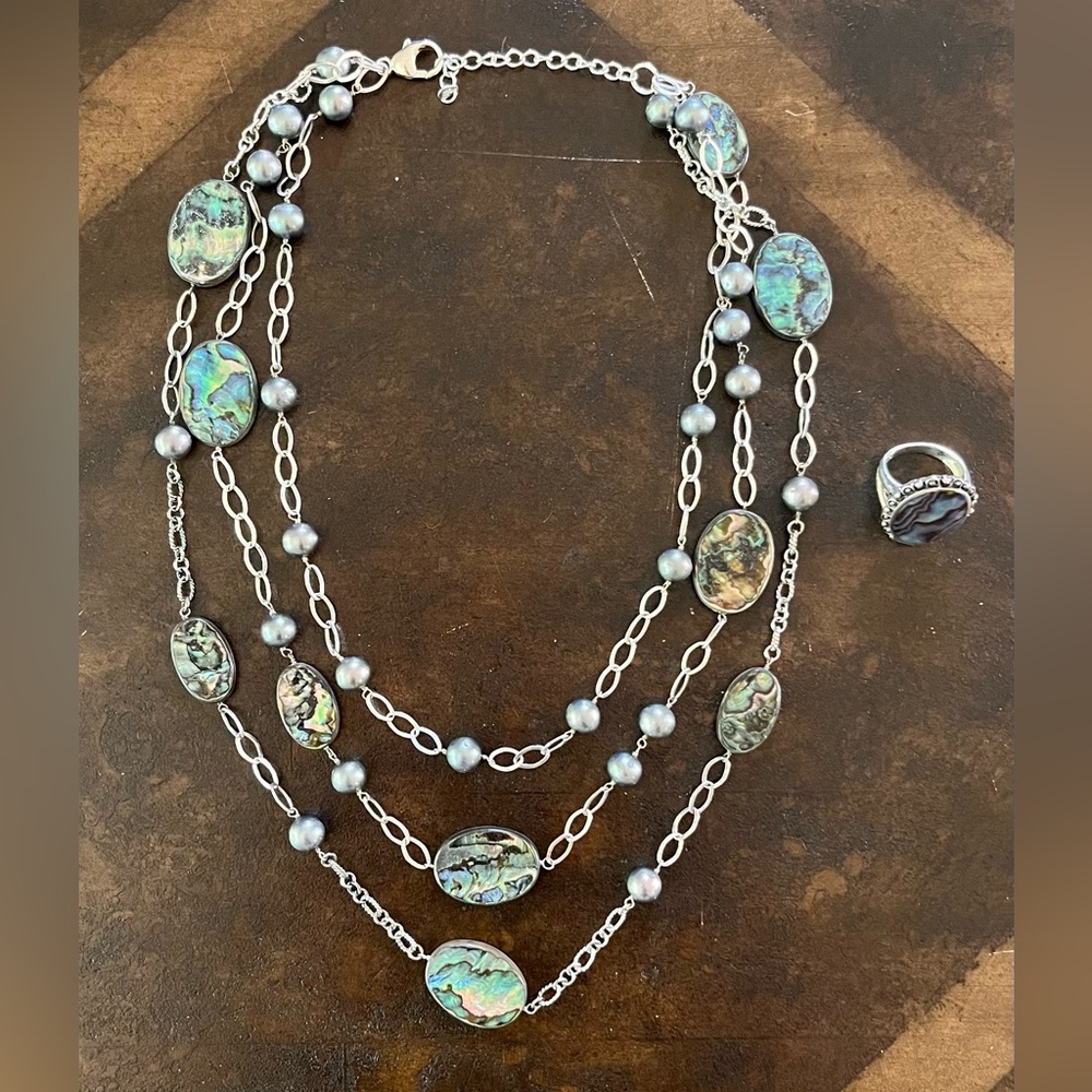 3-Strand Sterling Silver Abalone Necklace and Ring
